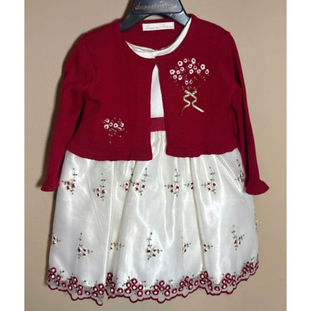 American Princess White Red Embroidered Fancy Dress Matching Sweater 1079